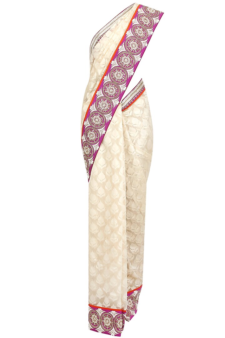 Beige and purple embroidered sari with blouse piece available only at Pernia's Pop-Up Shop.