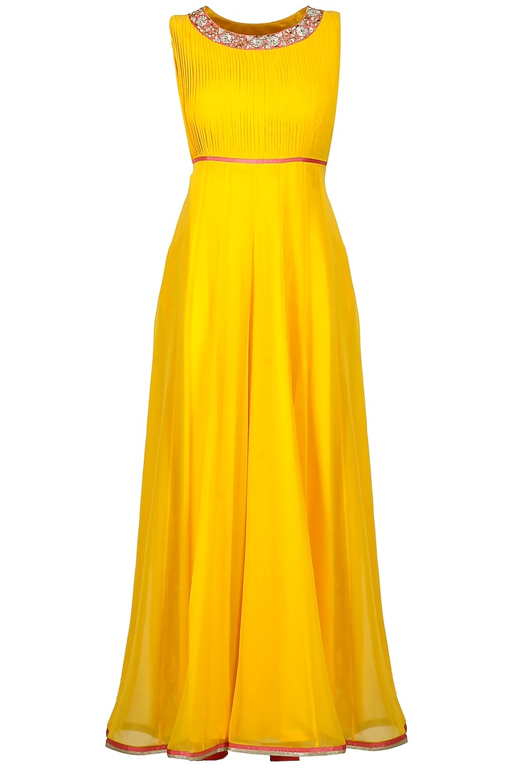 Yellow and pink embroidered pleated anarkali set available only at Pernia's Pop-Up Shop.