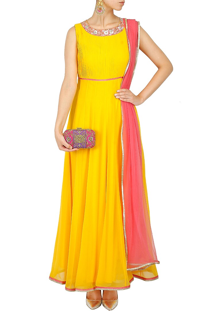 Yellow and pink embroidered pleated anarkali set available only at Pernia's Pop-Up Shop.