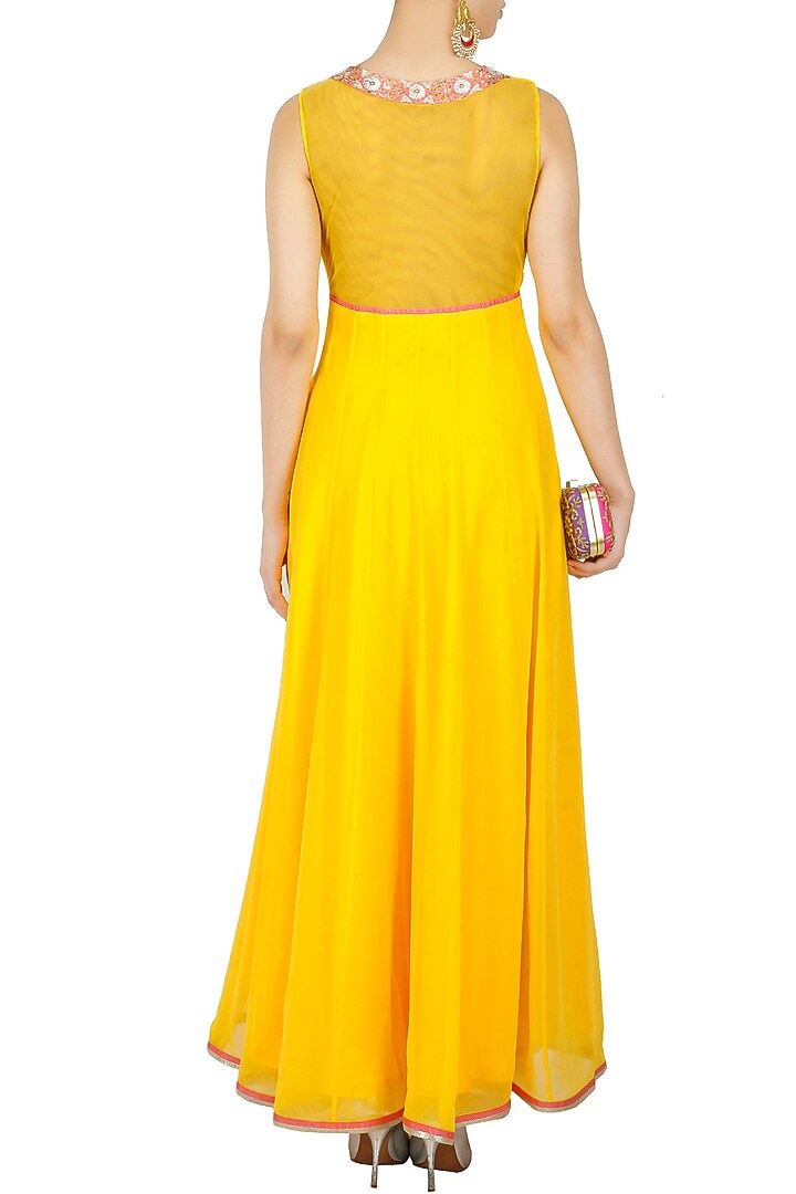 Yellow and pink embroidered pleated anarkali set available only at Pernia's Pop-Up Shop.