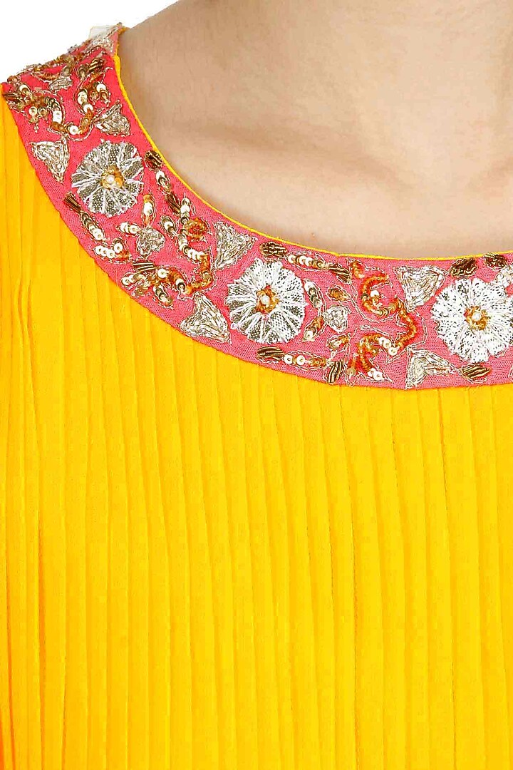 Yellow and pink embroidered pleated anarkali set available only at Pernia's Pop-Up Shop.