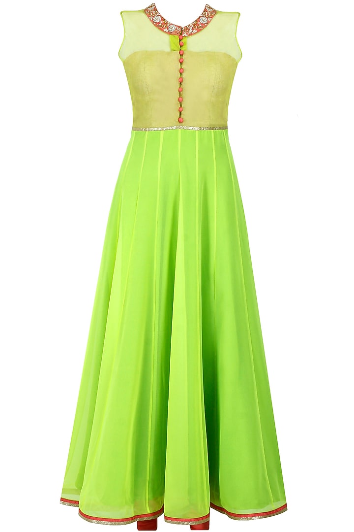 Neon green and pink embroidered anarkali set available only at Pernia's Pop-Up Shop.