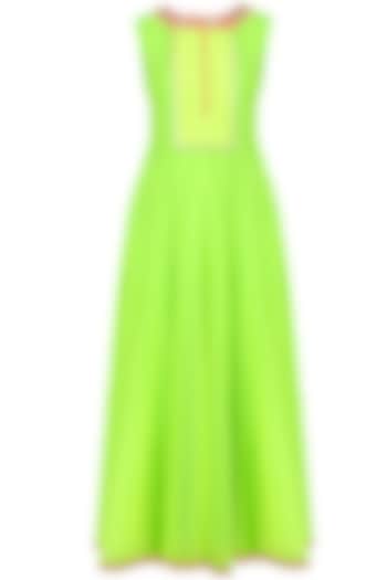 Neon green and pink embroidered pleated anarkali set available only at Pernia's Pop-Up Shop.