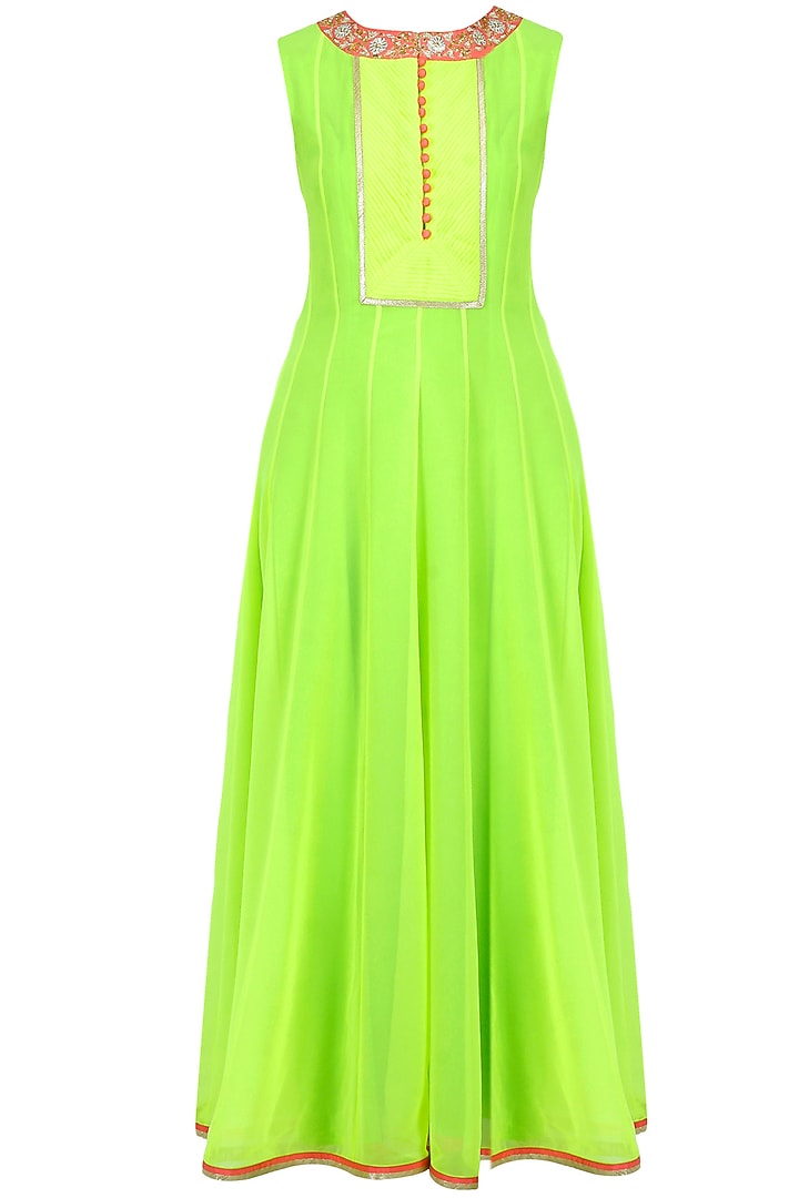 Neon green and pink embroidered pleated anarkali set available only at Pernia's Pop-Up Shop.