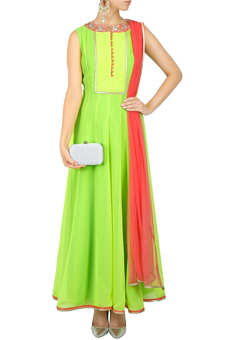 Neon green and pink embroidered pleated anarkali set available only at Pernia's Pop-Up Shop.