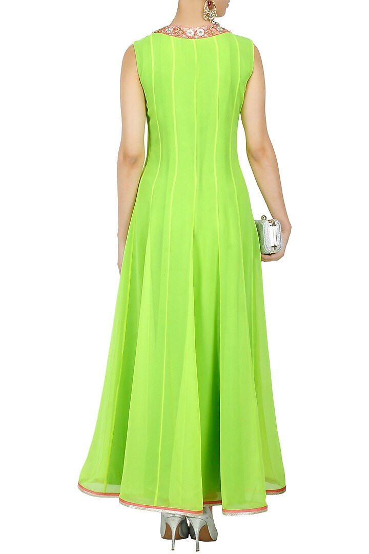 Neon green and pink embroidered pleated anarkali set available only at Pernia's Pop-Up Shop.