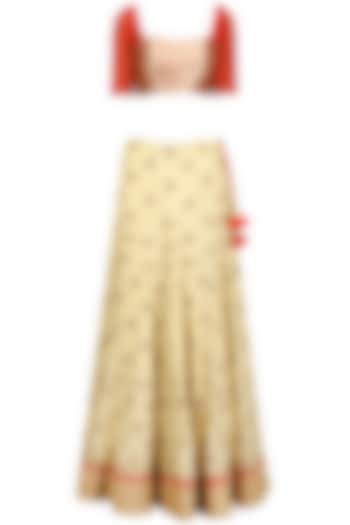 Gold and red embroidered lehenga set by SVA BY SONAM & PARAS MODI
