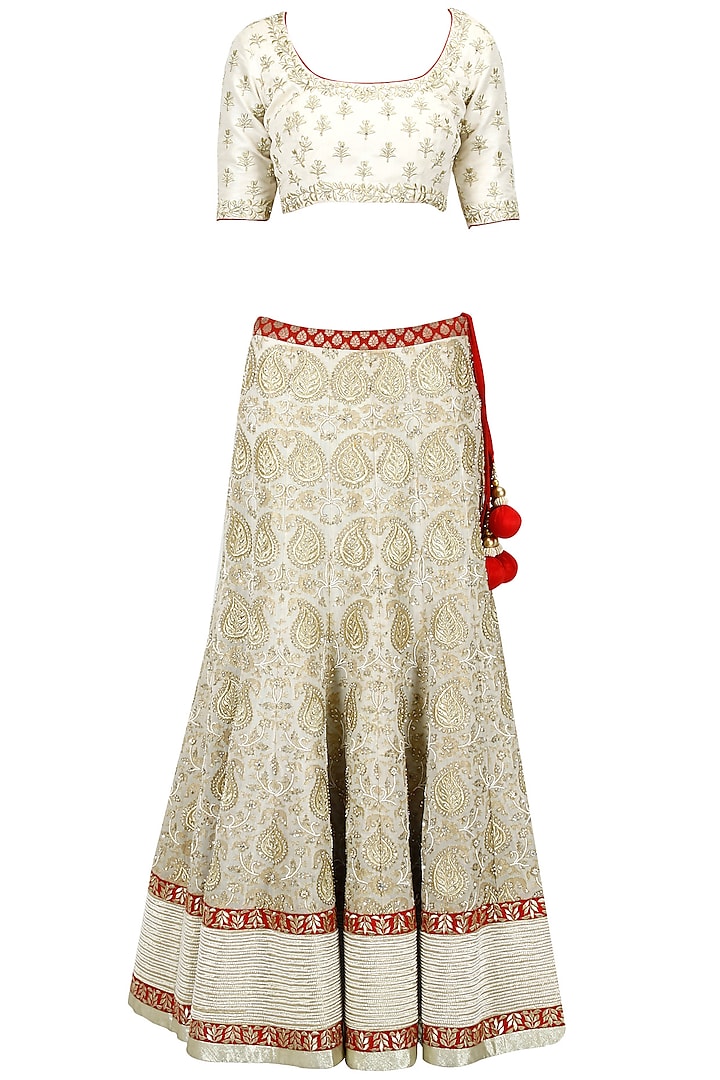 White and red embroidered lehenga set by SVA BY SONAM & PARAS MODI