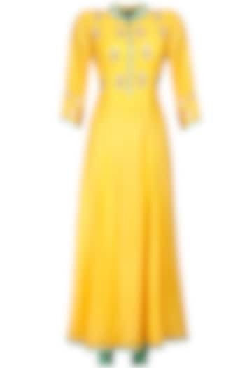 Yellow and sea green embroidered motifs anarkali set available only at Pernia's Pop-Up Shop.