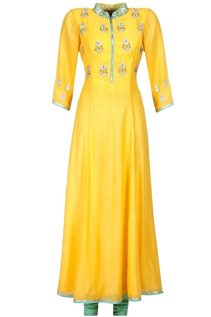 Yellow and sea green embroidered motifs anarkali set available only at Pernia's Pop-Up Shop.