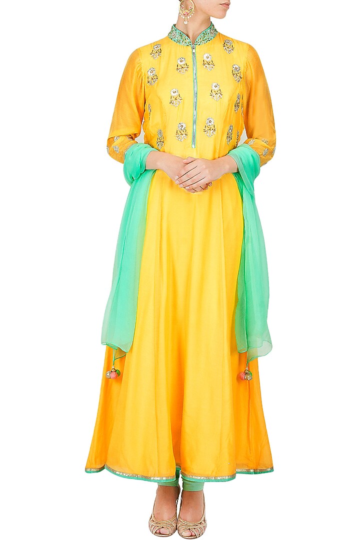 Yellow and sea green embroidered motifs anarkali set available only at Pernia's Pop-Up Shop.