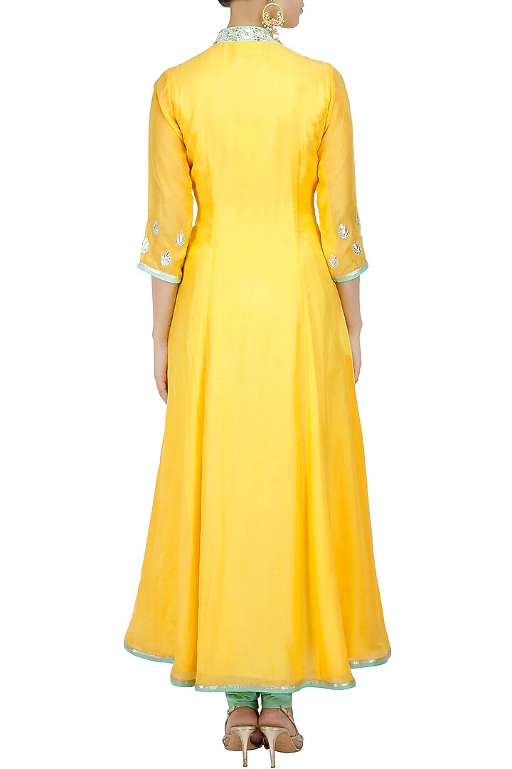 Yellow and sea green embroidered motifs anarkali set available only at Pernia's Pop-Up Shop.