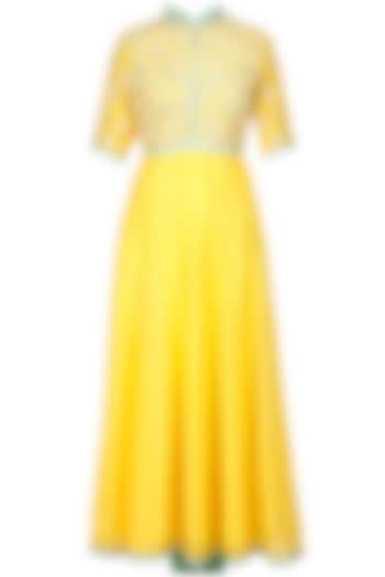 Yellow and sea green pearl embroidered anarkali set available only at Pernia's Pop-Up Shop.