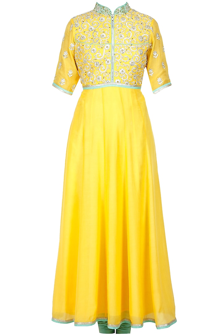 Yellow and sea green pearl embroidered anarkali set available only at ...