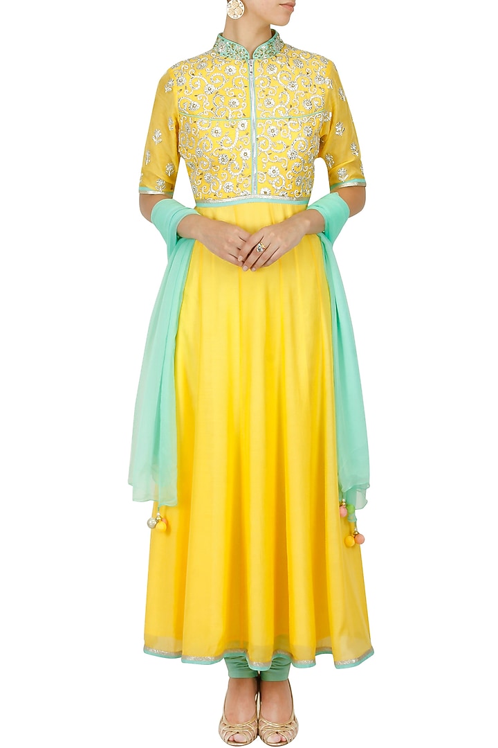 Yellow and sea green pearl embroidered anarkali set available only at Pernia's Pop-Up Shop.