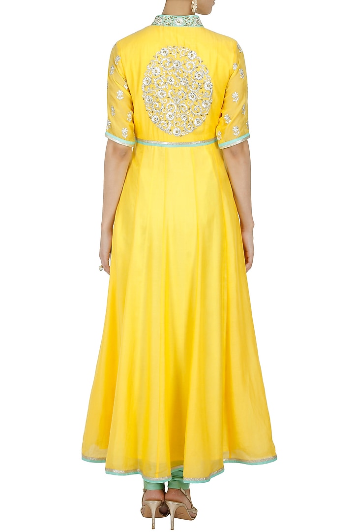 Yellow and sea green pearl embroidered anarkali set available only at Pernia's Pop-Up Shop.