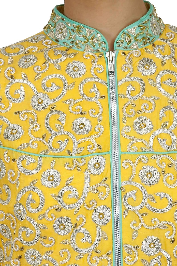 Yellow and sea green pearl embroidered anarkali set available only at Pernia's Pop-Up Shop.