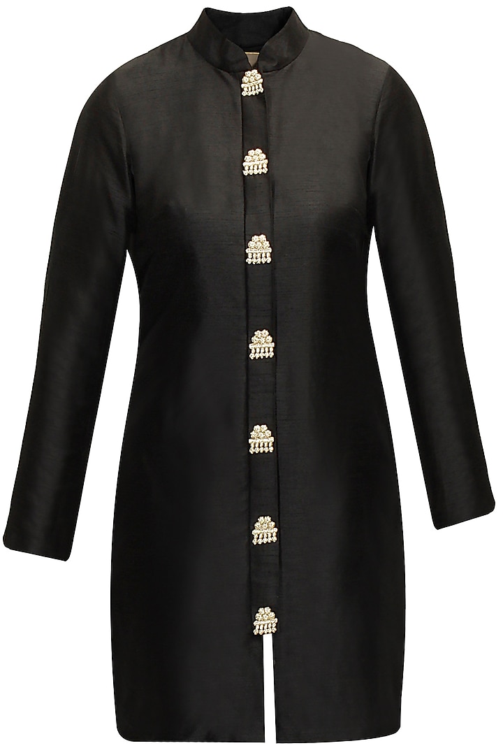 Black rawsilk matabor embroidered tunic available only at Pernia's Pop-Up Shop.
