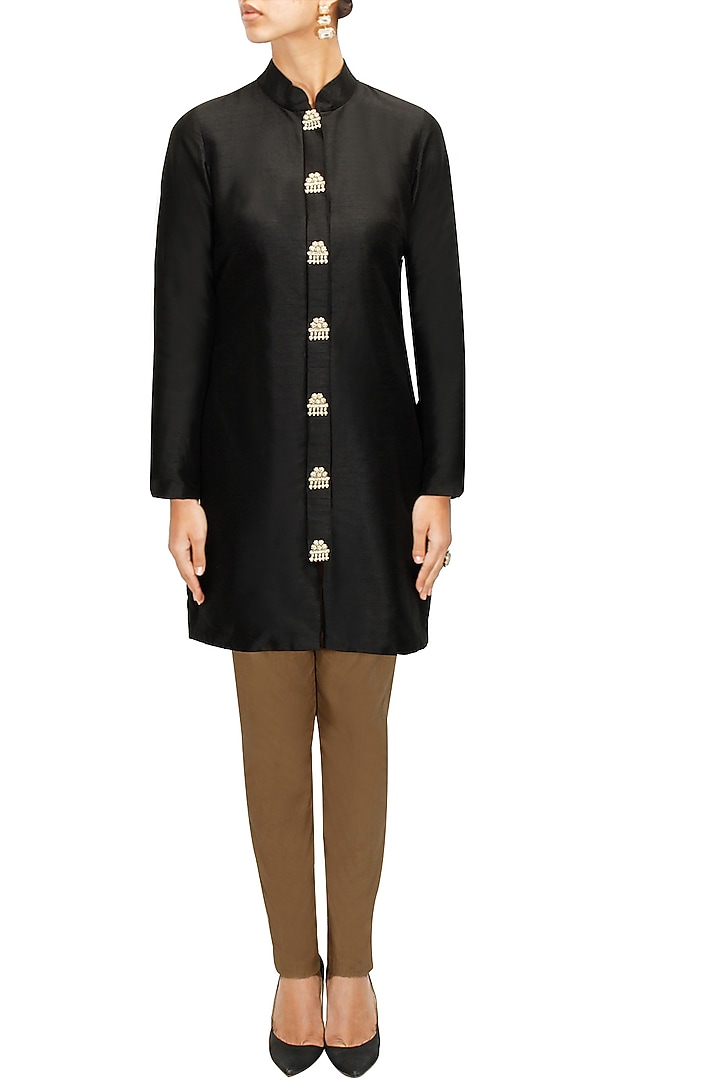 Black rawsilk matabor embroidered tunic available only at Pernia's Pop-Up Shop.