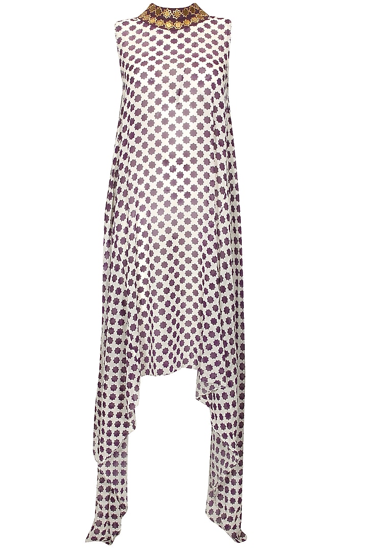 Beige and purple embroidered star print asymmetrical tunic available only at Pernia's Pop Up Shop.