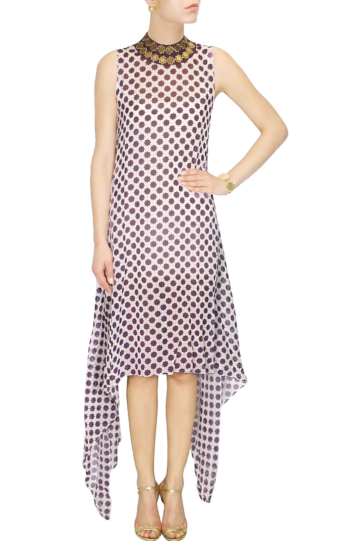 Beige and purple embroidered star print asymmetrical tunic available only at Pernia's Pop Up Shop.