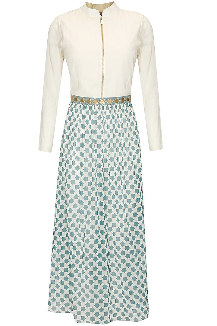 Beige and teal star print dress available only at Pernia's Pop Up Shop.