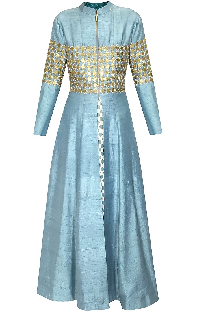 Teal star pattern metal motifs jacket kurta with star print inner available only at Pernia's Pop Up Shop.