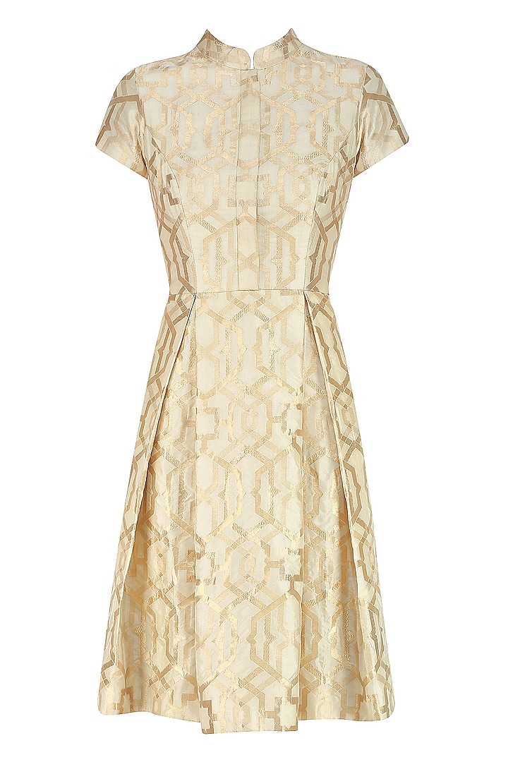 Beige thin line box pleat brocade dress available only at Pernia's Pop ...