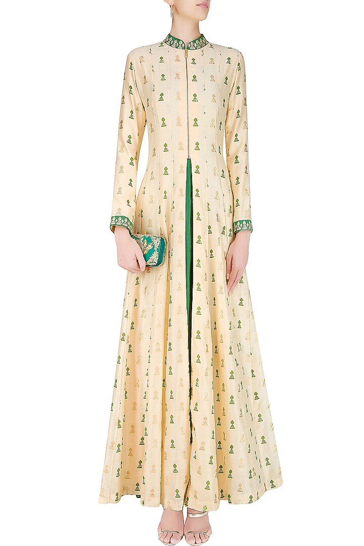 Beige base olive and gold morrocan print jacket with olive green inner dress available only at Pernia's Pop Up Shop.