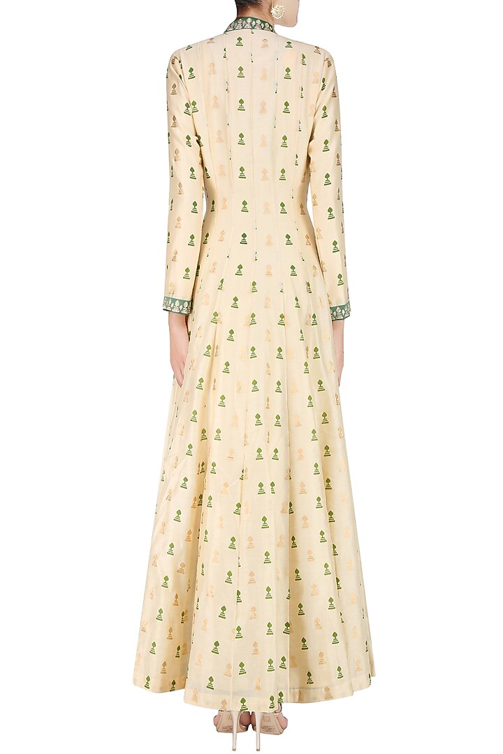 Beige base olive and gold morrocan print jacket with olive green inner dress available only at Pernia's Pop Up Shop.
