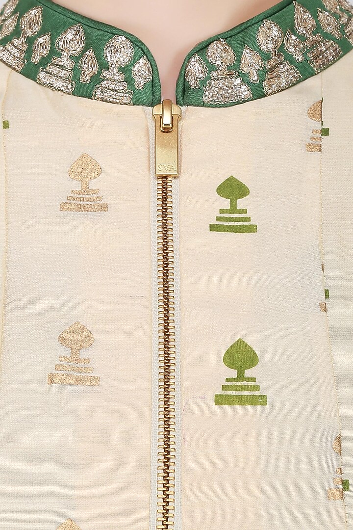 Beige base olive and gold morrocan print jacket with olive green inner dress available only at Pernia's Pop Up Shop.