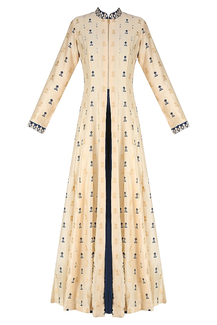 Beige base blue and gold morrocan print jacket with blue inner dress available only at Pernia's Pop Up Shop.
