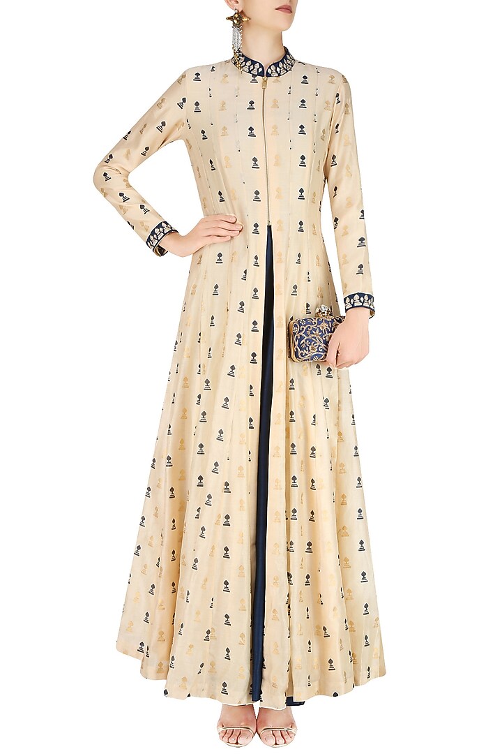 Beige base blue and gold morrocan print jacket with blue inner dress available only at Pernia's Pop Up Shop.