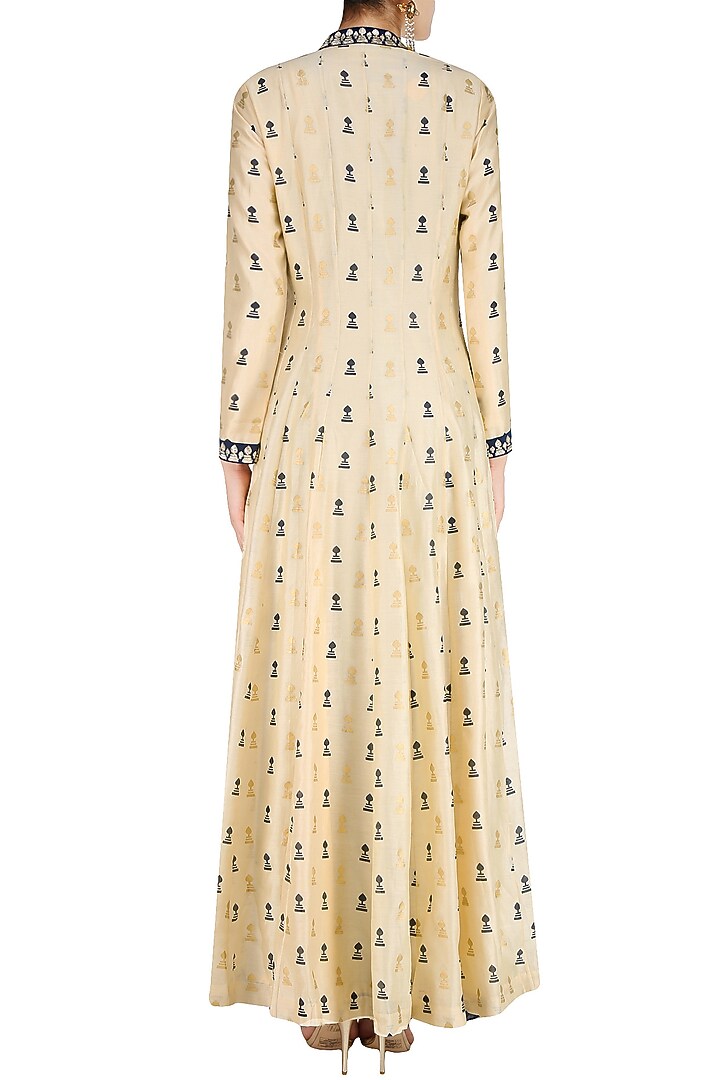 Beige base blue and gold morrocan print jacket with blue inner dress available only at Pernia's Pop Up Shop.