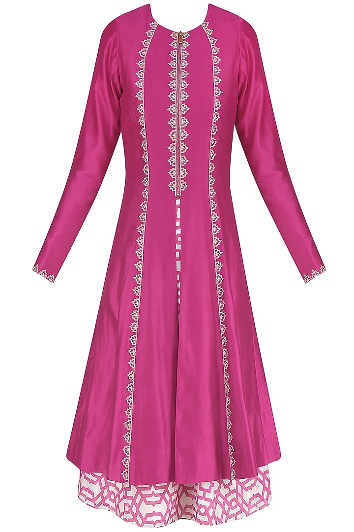 Pink embroidered jacket with geometric print inner and white palazzo pants available only at Pernia's Pop Up Shop.