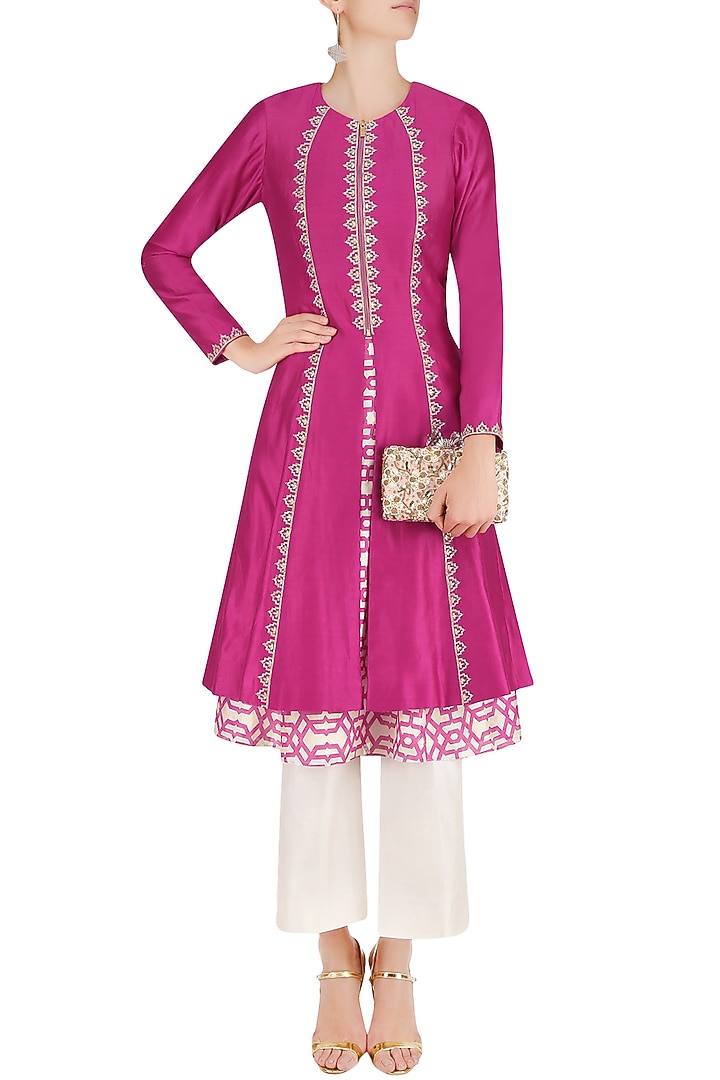 Pink embroidered jacket with geometric print inner and white palazzo pants available only at Pernia's Pop Up Shop.