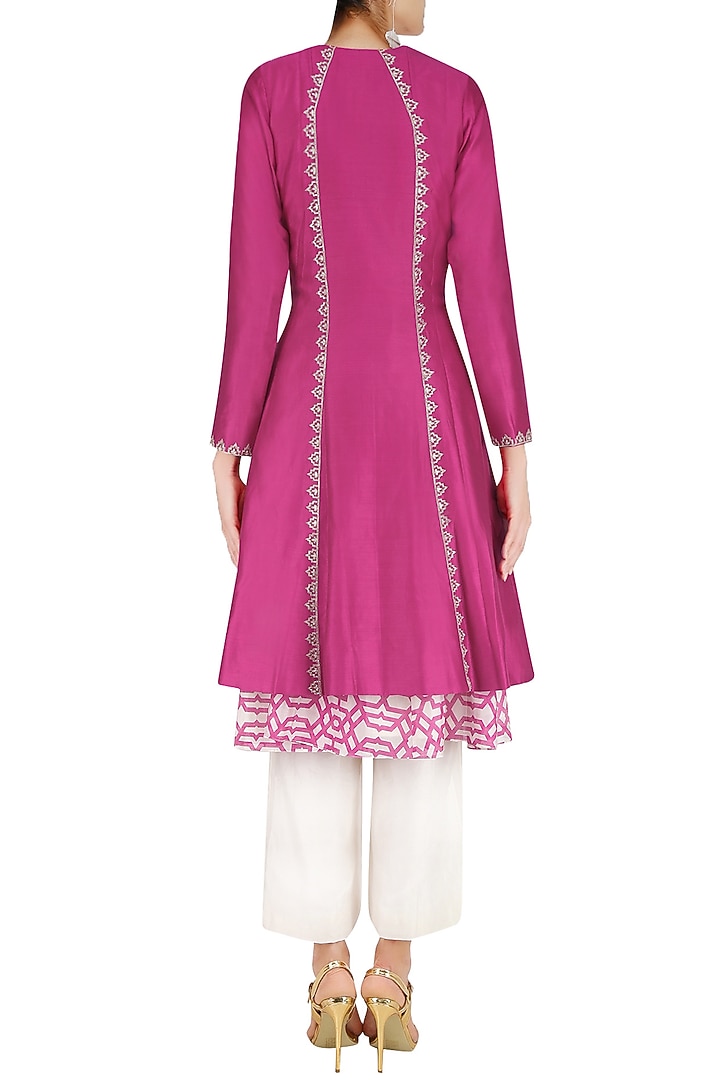 Pink embroidered jacket with geometric print inner and white palazzo pants available only at Pernia's Pop Up Shop.