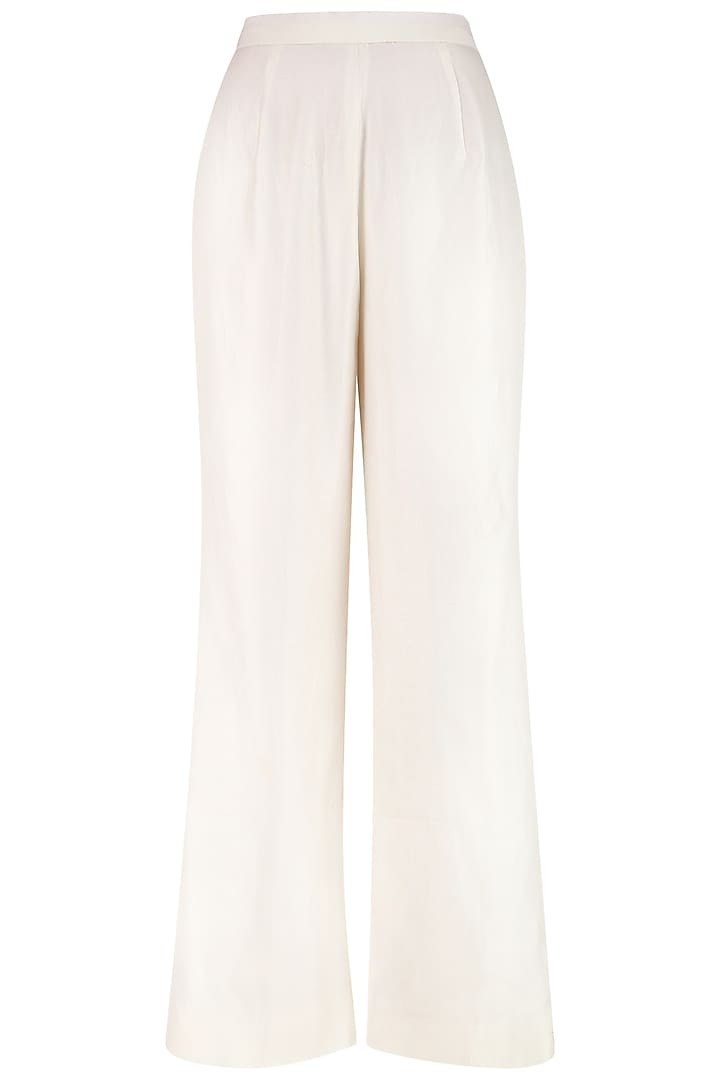 Pink embroidered jacket with geometric print inner and white palazzo pants available only at Pernia's Pop Up Shop.