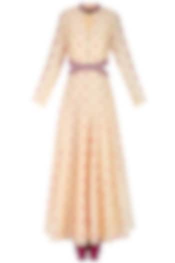 Beige and pink embroidered side cut out anarkali set available only at Pernia's Pop Up Shop.