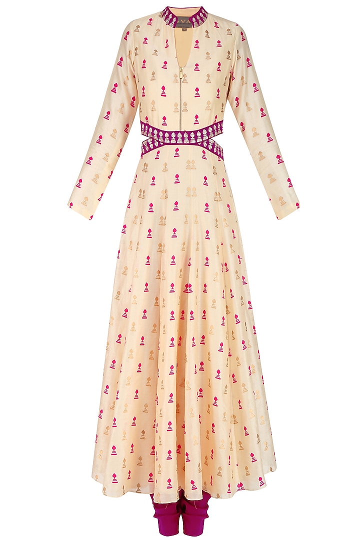 Beige and pink embroidered side cut out anarkali set available only at Pernia's Pop Up Shop.