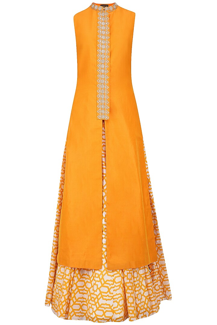 Orange embroidered kurta with geometric print lehenga available only at Pernia's Pop Up Shop.