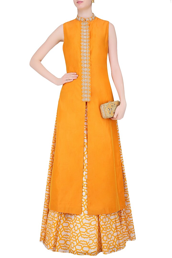 Orange embroidered kurta with geometric print lehenga available only at Pernia's Pop Up Shop.
