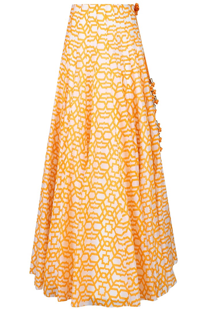 Orange embroidered kurta with geometric print lehenga available only at Pernia's Pop Up Shop.