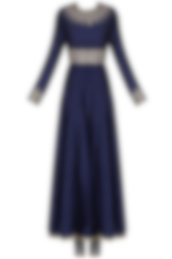 Blue spike embroidered anarkali with geometric printed churidaar available only at Pernia's Pop Up Shop.