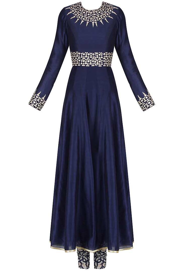 Blue spike embroidered anarkali with geometric printed churidaar available only at Pernia's Pop Up Shop.