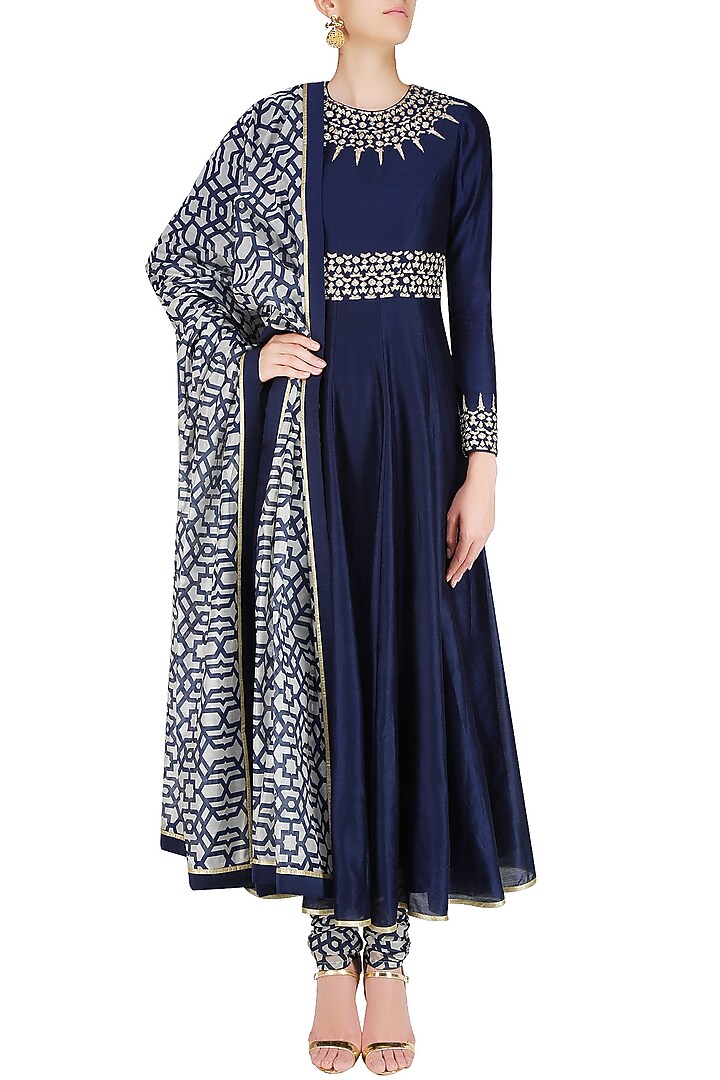 Blue spike embroidered anarkali with geometric printed churidaar available only at Pernia's Pop Up Shop.