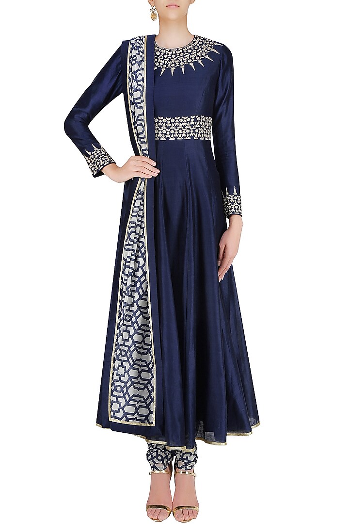Blue spike embroidered anarkali with geometric printed churidaar available only at Pernia's Pop Up Shop.