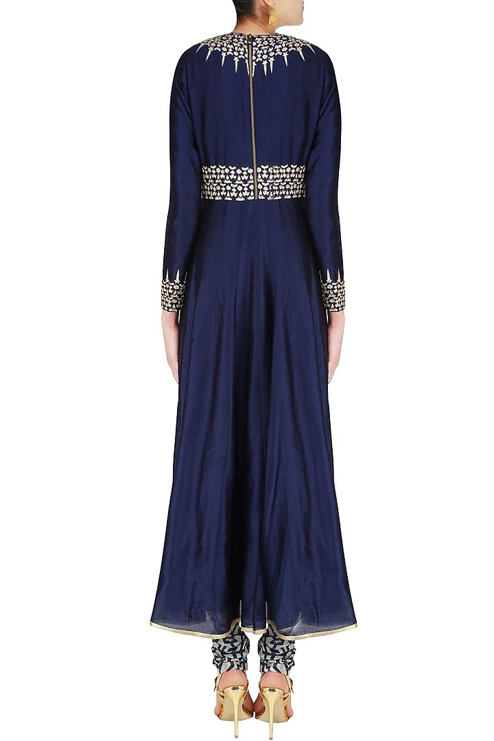 Blue spike embroidered anarkali with geometric printed churidaar available only at Pernia's Pop Up Shop.