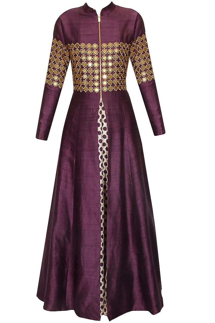 Purple star embroidered jacket kurta with beige inner gown available only at Pernia's Pop Up Shop.
