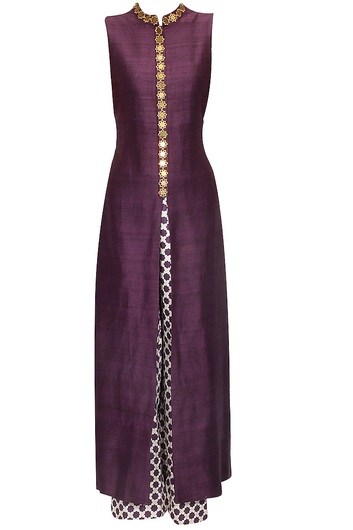 Purple star embroidered anarkali with beige star print pants available only at Pernia's Pop Up Shop.